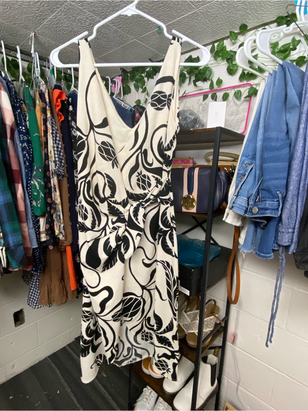 H&M Cream Midi Dress with Black Floral Swirls